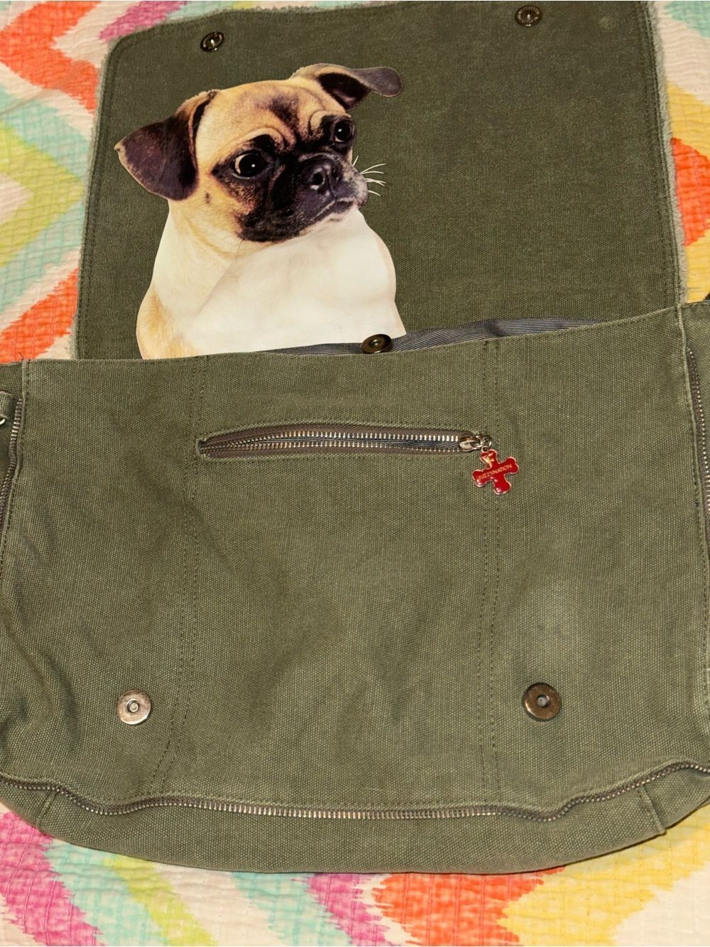 Fuzzynation Canvas Frenchie Messenger Bag Green Dog Crossbody commuter bag